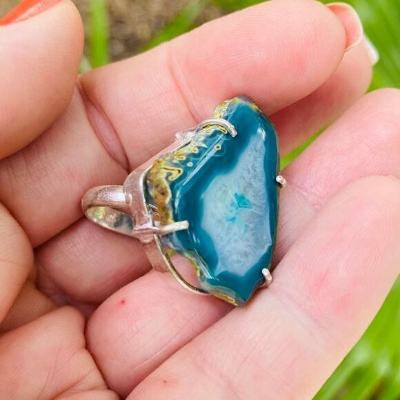 Marine Blue Agate Geode Sterling Silver Ring Size 6 - Picture 9 of 12